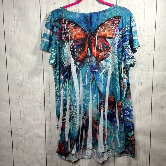 Cato Woman Colorful Sequins Butterfly Bright Festival Buttons Short Sleeve Top - Picture 12 of 14